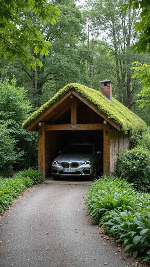 41 Car Porch Design Modern Ideas for a Stunning Entrance - 2. Wooden Structure with Green Roof