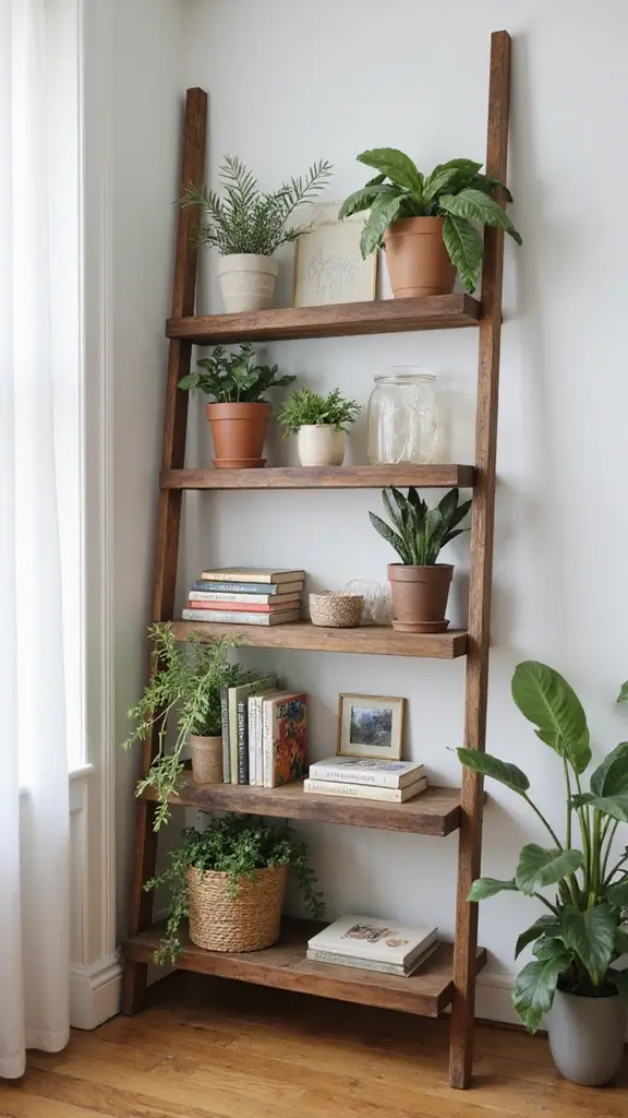 41 DIY Crafts for Home Decor That Look Expensive but Aren’t - 17. Decorative Ladder Shelf