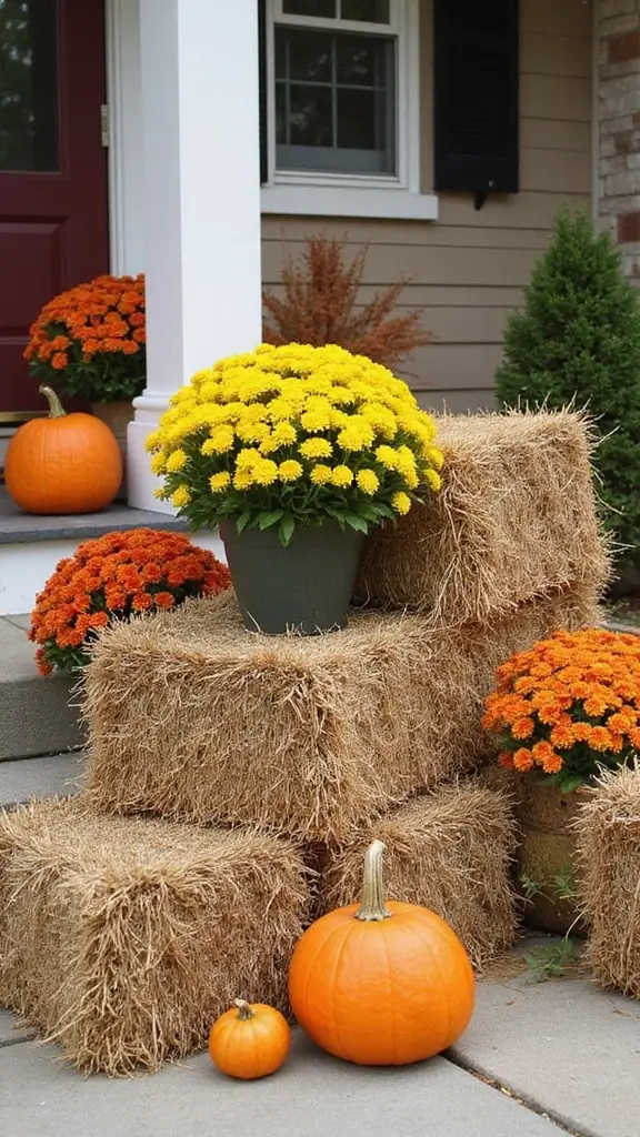 41 Fall Front Door Decor Ideas That Make a Statement - 13. Hay Bales and Mums