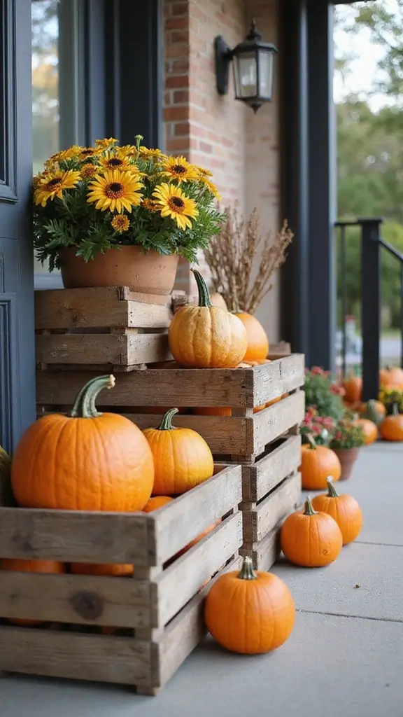 41 Fall Front Door Decor Ideas That Make a Statement - 17. Wooden Crate Pumpkin Display