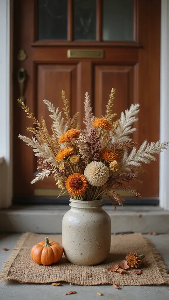 41 Fall Front Door Decor Ideas That Make a Statement - 18. Dried Flower Bouquets