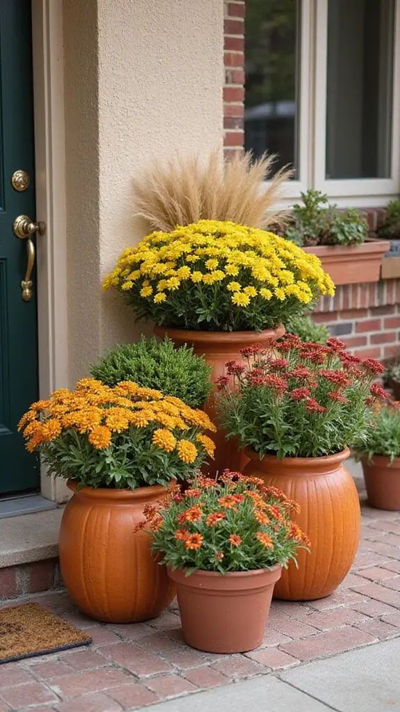 41 Fall Front Door Decor Ideas That Make a Statement - 21. Fall-Themed Planters