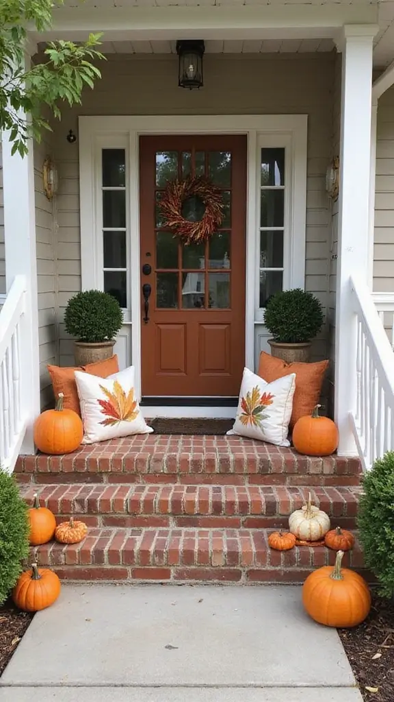 41 Fall Front Door Decor Ideas That Make a Statement - 22. Stylish Fall Pillows