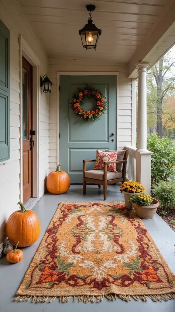 41 Fall Front Door Decor Ideas That Make a Statement - 27. Fall-Themed Outdoor Rug