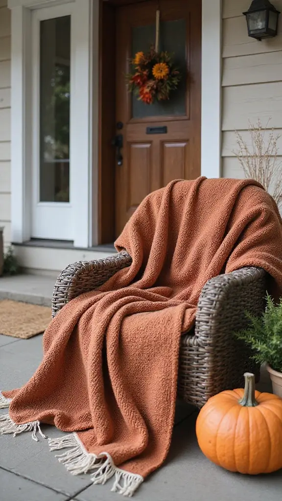 41 Fall Front Door Decor Ideas That Make a Statement - 28. Cozy Blanket Display