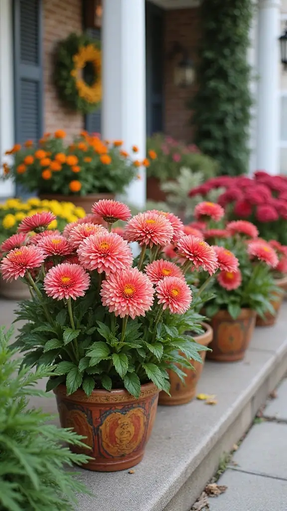 41 Fall Front Door Decor Ideas That Make a Statement - 31. Stylish Mums in Decorative Pots