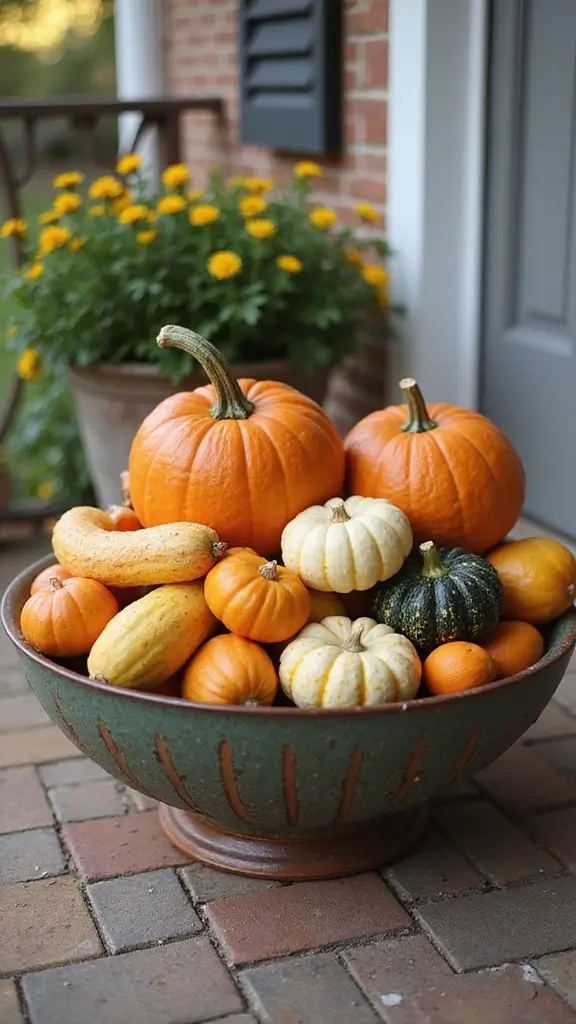 41 Fall Front Door Decor Ideas That Make a Statement - 35. Whimsical Gourd Arrangement