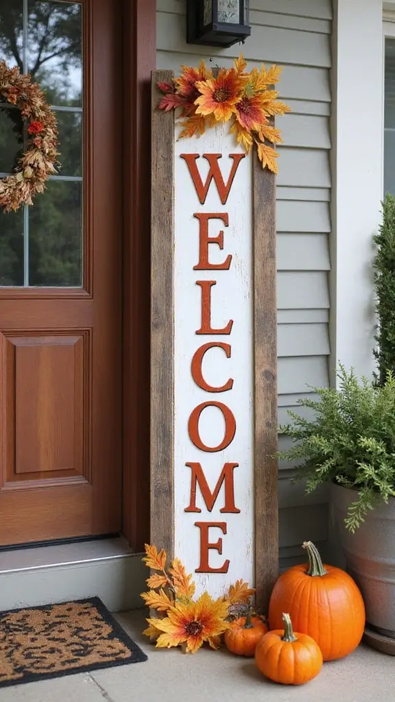 41 Fall Front Door Decor Ideas That Make a Statement - 38. Harvest-Themed Welcome Sign