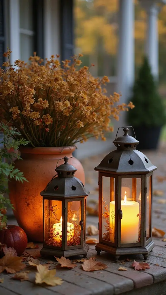 41 Fall Front Door Decor Ideas That Make a Statement - 4. Rustic Lanterns with Dried Flowers