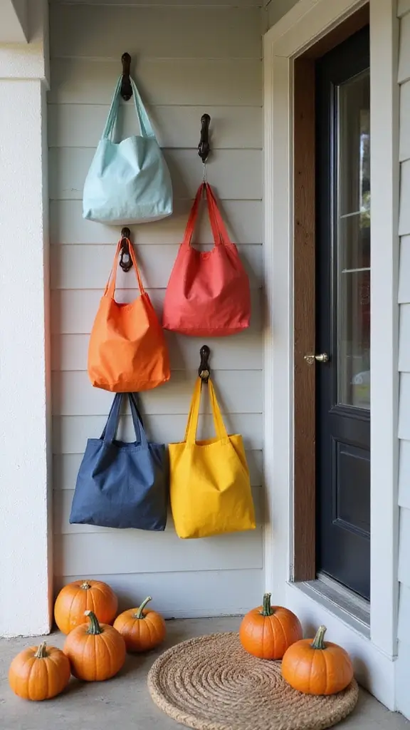 41 Fall Front Door Decor Ideas That Make a Statement - 40. Reusable Shopping Tote Decor