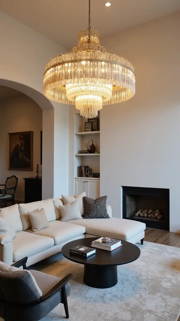 41 Half Vaulted Ceiling Living Room Ideas That Impress - 14. Grand Statement Lighting