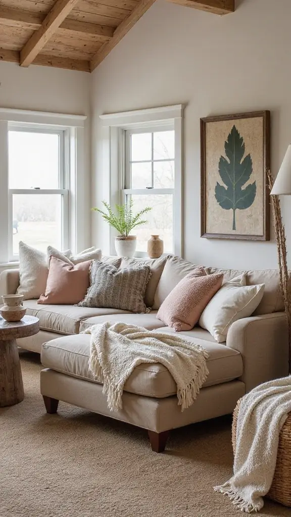 41 Half Vaulted Ceiling Living Room Ideas That Impress - 36. Cozy Throws and Pillows