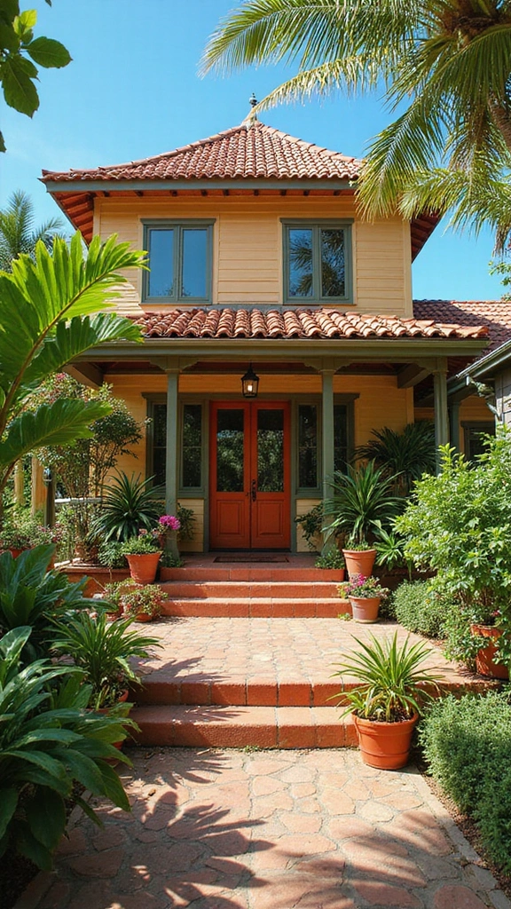 41 House with Wrap Around Porch Designs That Feel Timeless - 16. Vibrant Tropical Oasis