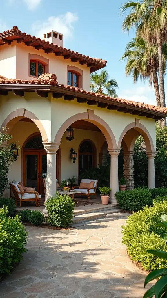 41 House with Wrap Around Porch Designs That Feel Timeless - 34. Inviting Mediterranean Courtyard