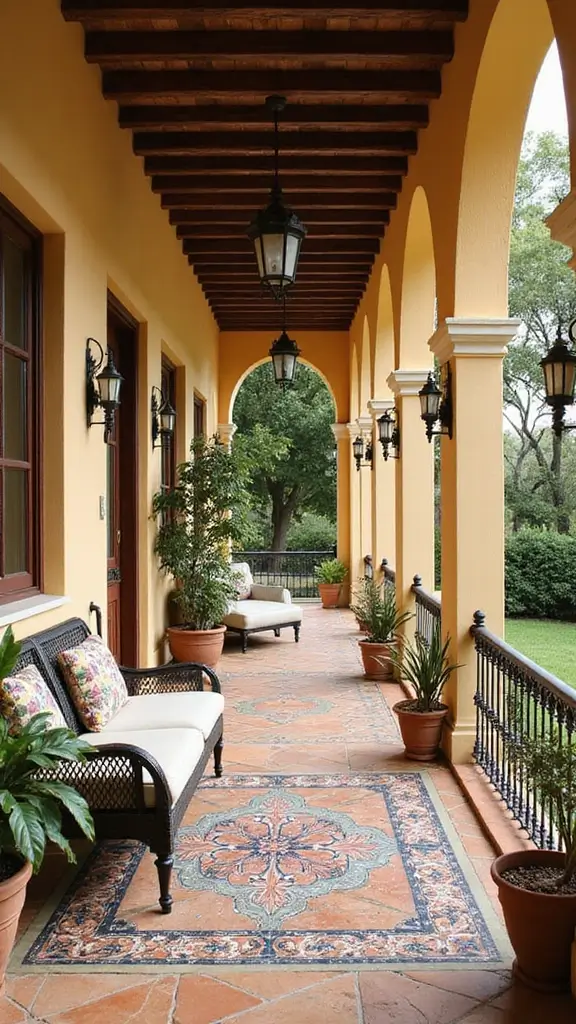 41 House with Wrap Around Porch Designs That Feel Timeless - 39. Sophisticated Mediterranean Terrace
