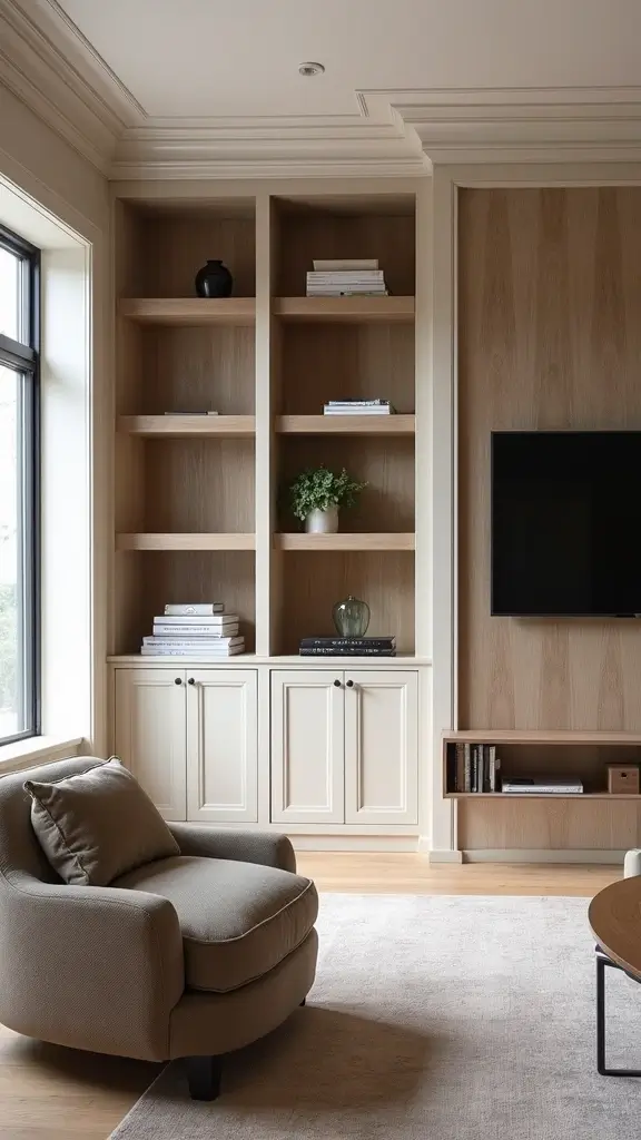 41 Modern Luxury Living Room Interior Design That Feels Effortless - 12. Custom Built-Ins