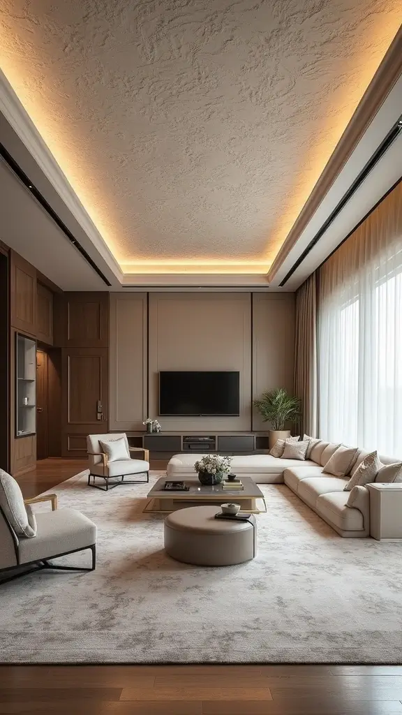 41 Modern Luxury Living Room Interior Design That Feels Effortless - 25. Textured Ceiling Features