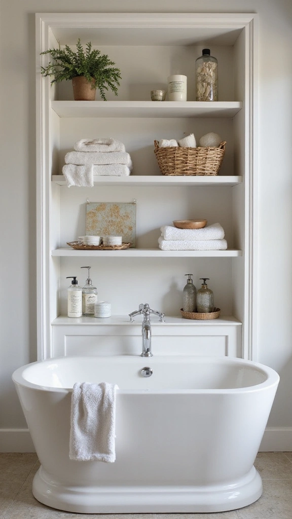 41 Small Bathroom Remodel with Tub Ideas That Save Space - 5. Bathtub with Integrated Shelving
