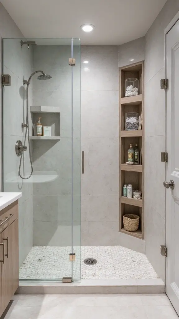 41 Tiny Bathroom Ideas with Shower Layouts That Actually Work - 10. Integrated Storage in Shower
