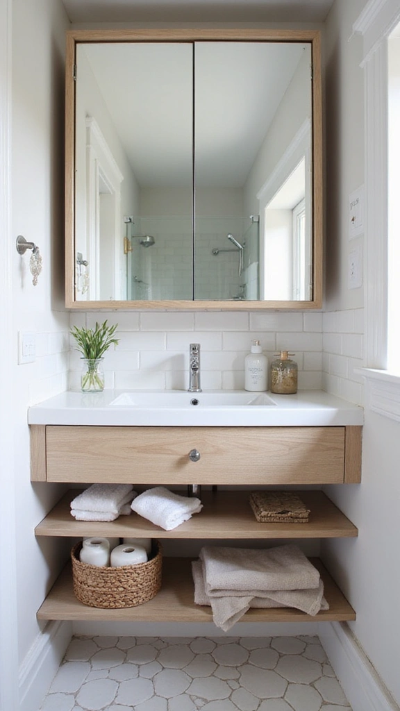 41 Tiny Bathroom Ideas with Shower Layouts That Actually Work - 22. Incorporate Mirrors with Storage