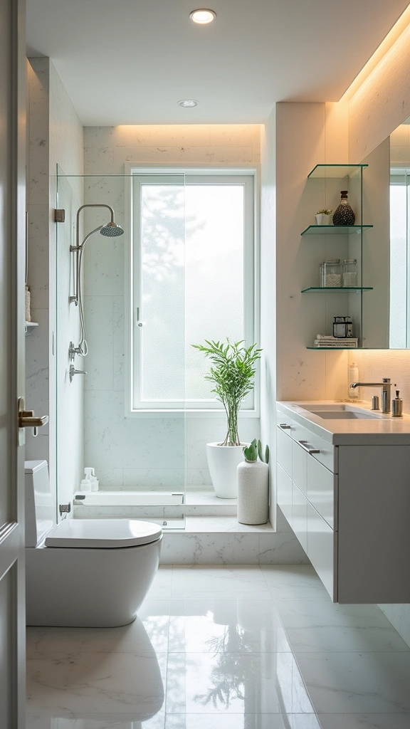 41 Tiny Bathroom Ideas with Shower Layouts That Actually Work - 24. Use of Glass Shelving