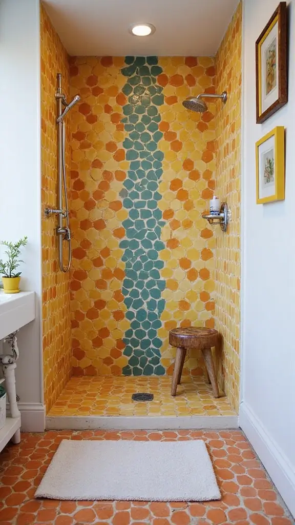 41 Tiny Bathroom Ideas with Shower Layouts That Actually Work - 35. Use of Colorful Shower Tiles