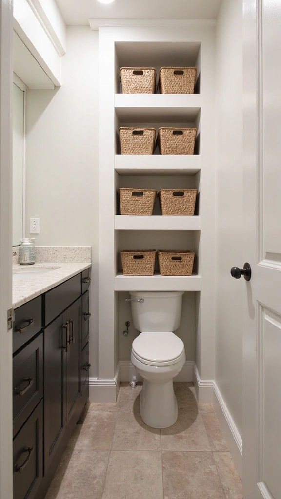 41 Tiny Bathroom Ideas with Shower Layouts That Actually Work - 40. Maximizing Space with Built-in Bins
