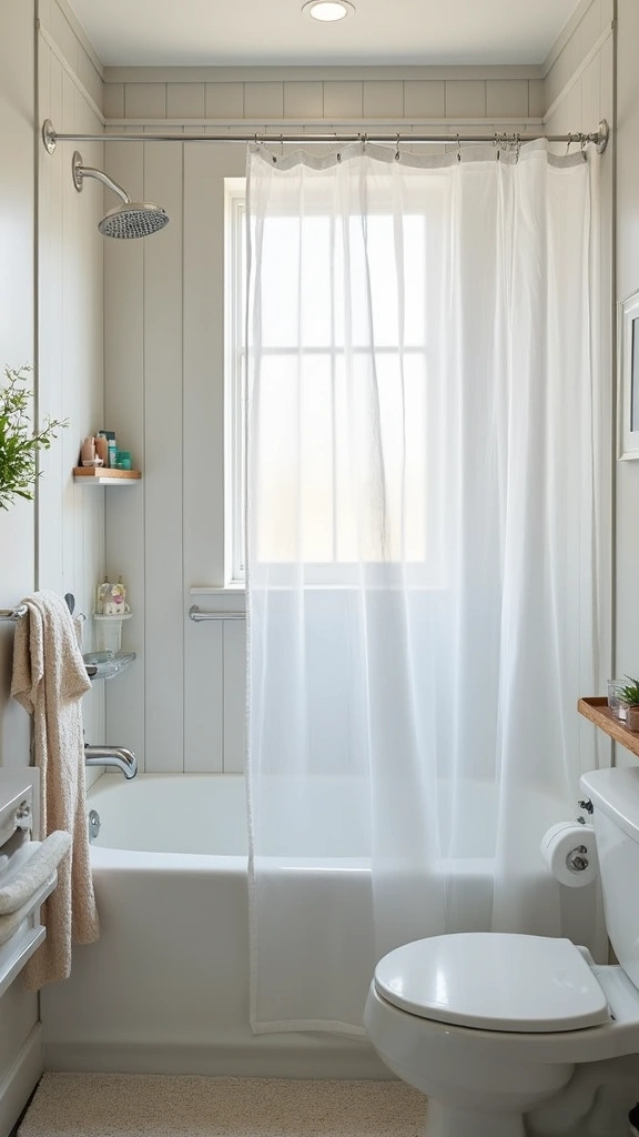 41 Tiny Bathroom Ideas with Shower Layouts That Actually Work - 9. Use Clear Shower Curtains for an Open Feel