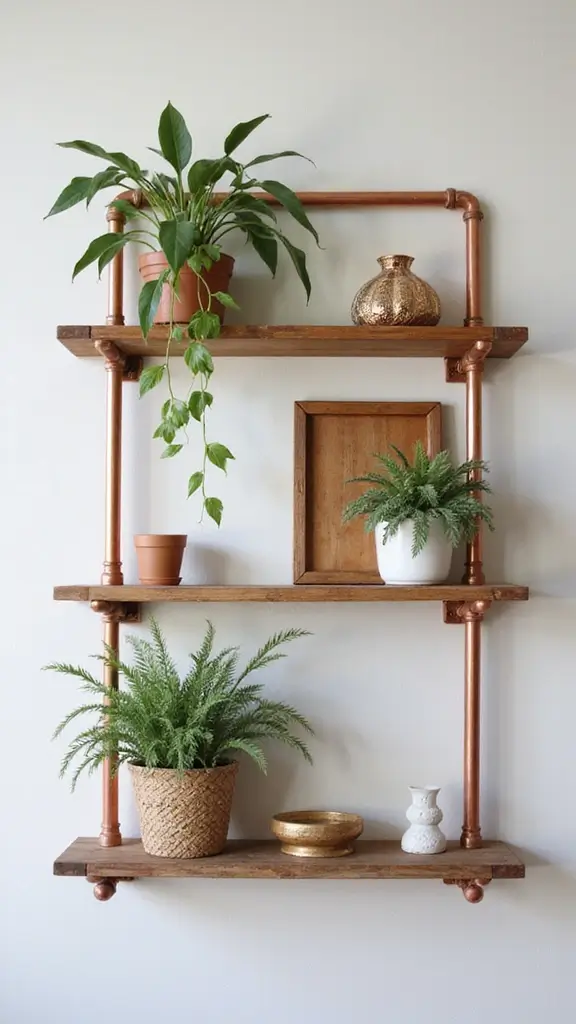 42 DIY Boho Home Decor Ideas That Look Dreamy - 36. Copper Pipe Shelves