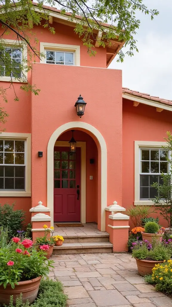 42 Home Exterior Colors Combinations That Instantly Upgrade Curb Appeal - 31. Warm Coral and Soft Cream