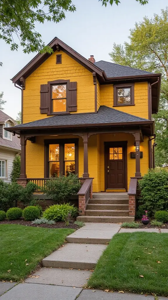 42 Home Exterior Colors Combinations That Instantly Upgrade Curb Appeal - 35. Mustard Yellow and Dark Brown