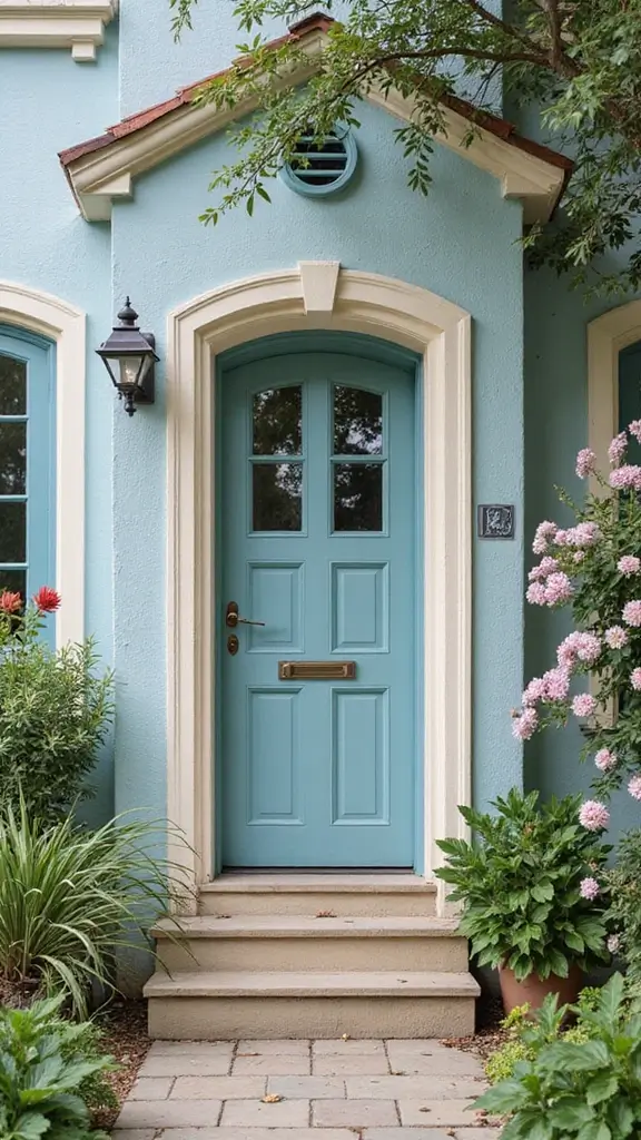42 Home Exterior Colors Combinations That Instantly Upgrade Curb Appeal - 37. Dusty Blue and Cream