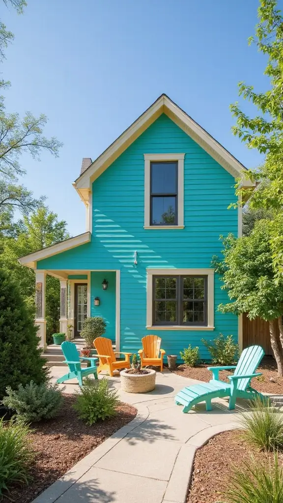 42 Home Exterior Colors Combinations That Instantly Upgrade Curb Appeal - 4. Bold Turquoise and Cream