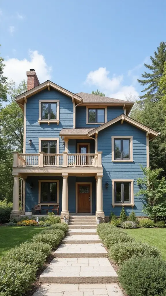 42 Home Exterior Colors Combinations That Instantly Upgrade Curb Appeal - 5. Slate Blue with Sandy Beige