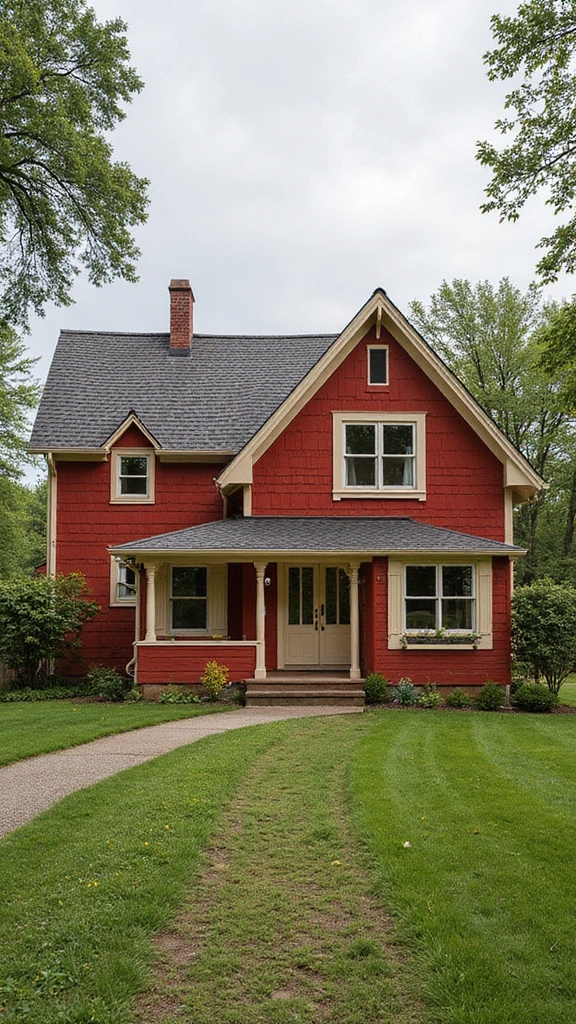42 Home Exterior Colors Combinations That Instantly Upgrade Curb Appeal - 8. Rustic Red and Cream