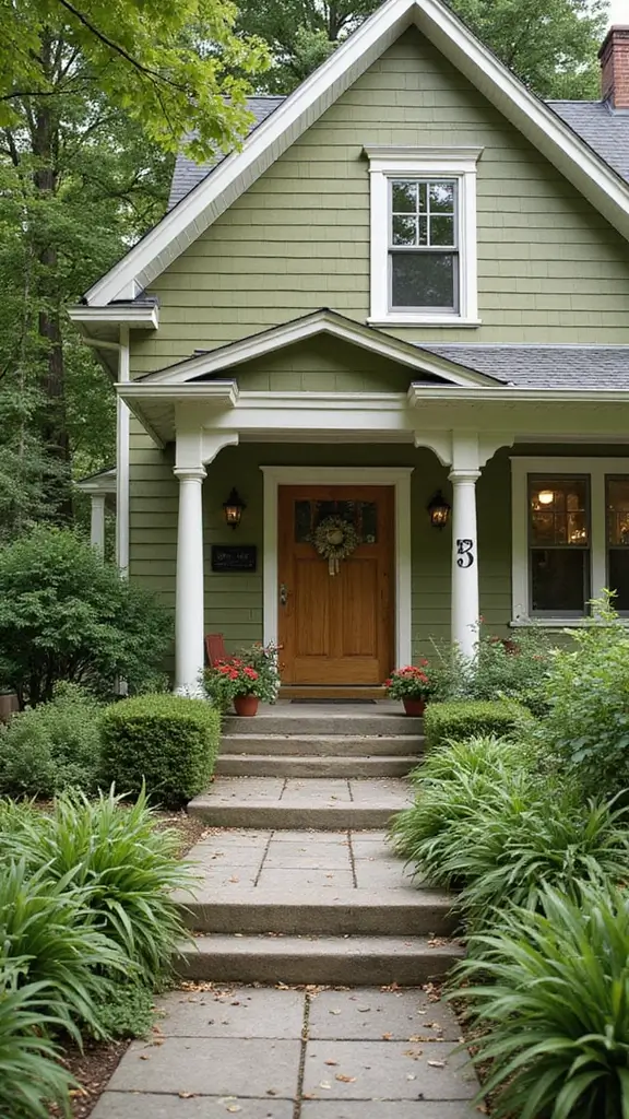 42 Home Exterior Colors Combinations That Instantly Upgrade Curb Appeal - 9. Olive Green and Creamy White