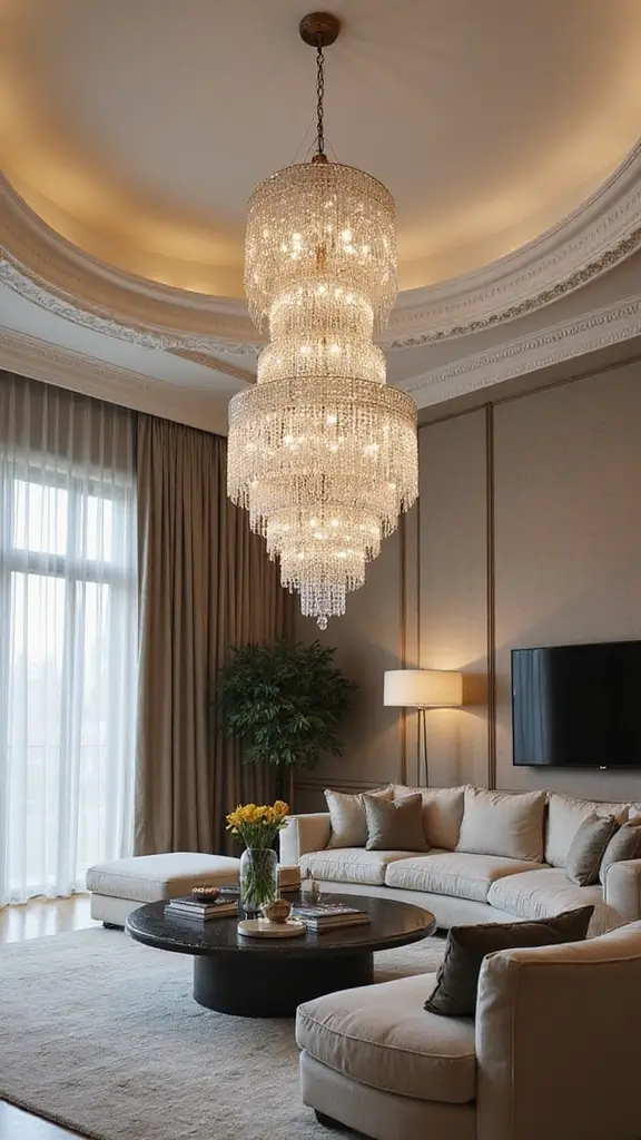 42 Living Room High Ceilings Ideas That Make a Bold Statement - 2. Statement Chandeliers