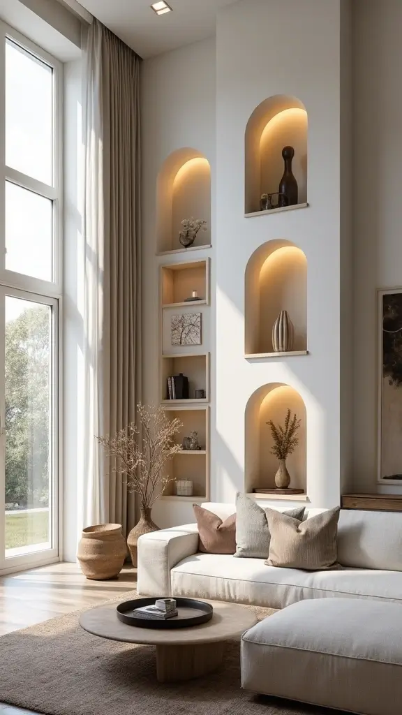 42 Living Room High Ceilings Ideas That Make a Bold Statement - 30. Incorporate Wall Niches