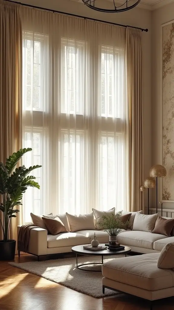 42 Living Room High Ceilings Ideas That Make a Bold Statement - 31. Artistic Window Treatments