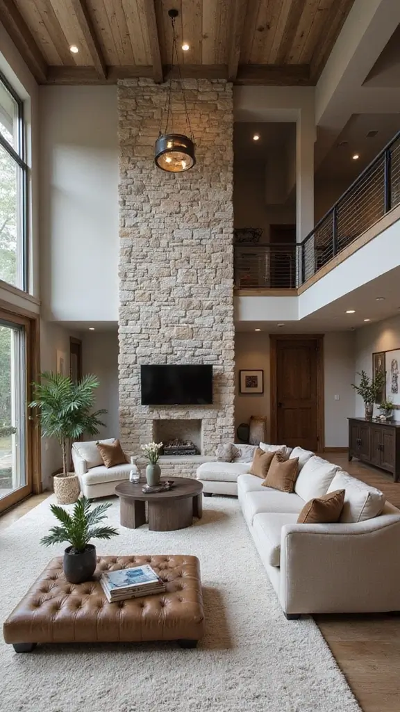 42 Living Room High Ceilings Ideas That Make a Bold Statement - 42. Emphasize with Stone Features