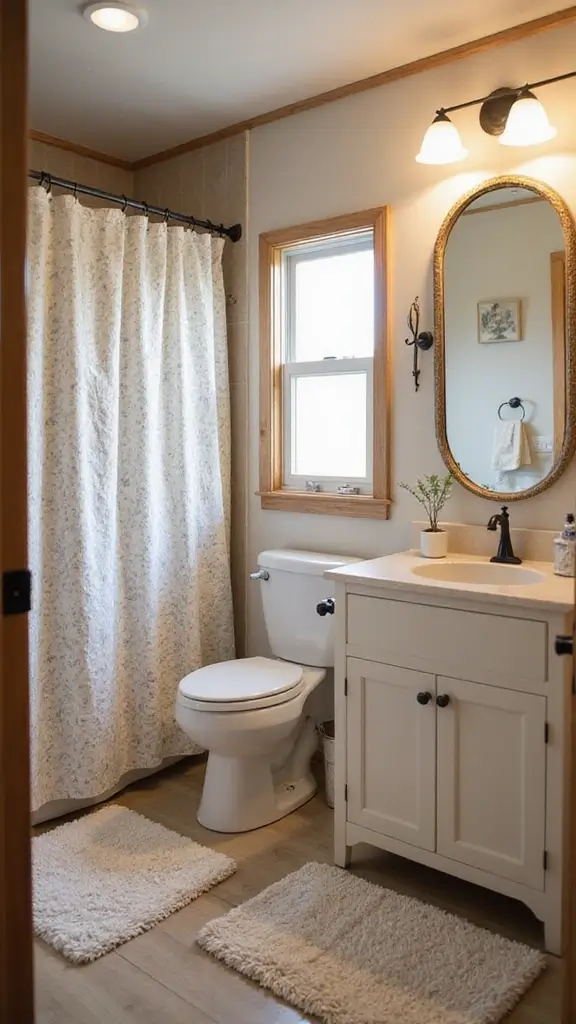 42 Mobile Home Bathroom Remodel Ideas That Upgrade Comfort - 37. Personal Touches with Fabrics
