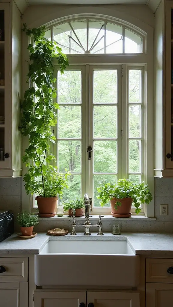 42 Modern Spanish Style Kitchen Ideas That Look Gorgeous - 21. Elegant Garden Windows