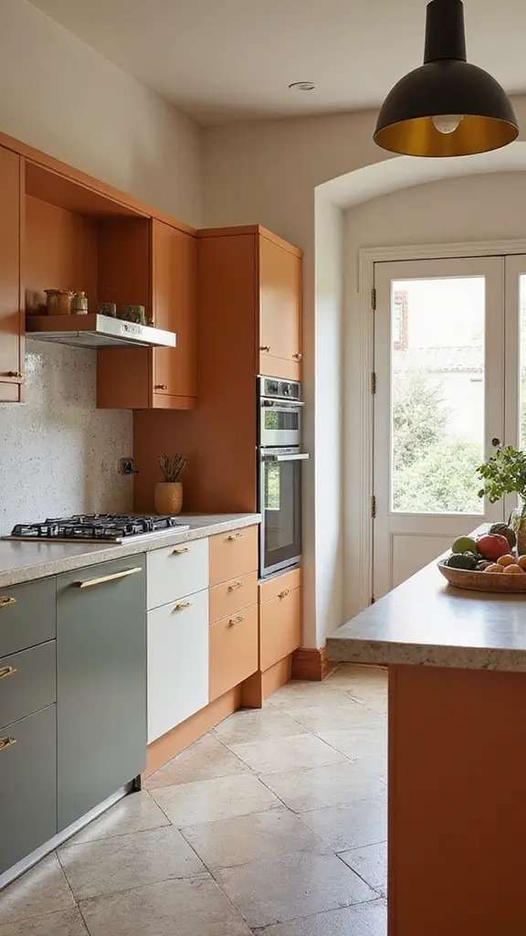 42 Modern Spanish Style Kitchen Ideas That Look Gorgeous - 32. Color-Blocked Cabinets