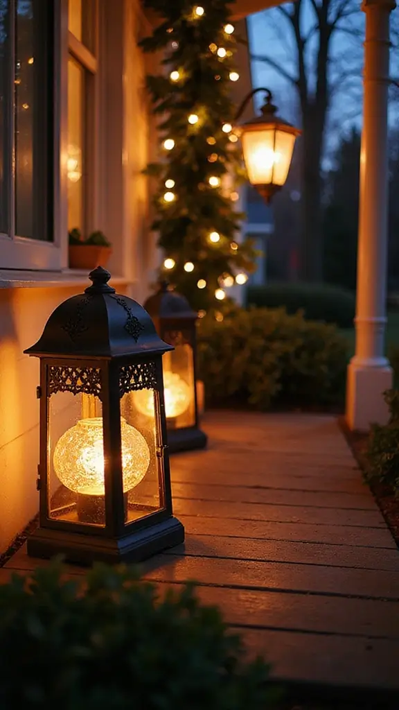 42 Small Front Porch Christmas Decor Ideas That Shine - 18. Lanterns for Ambiance