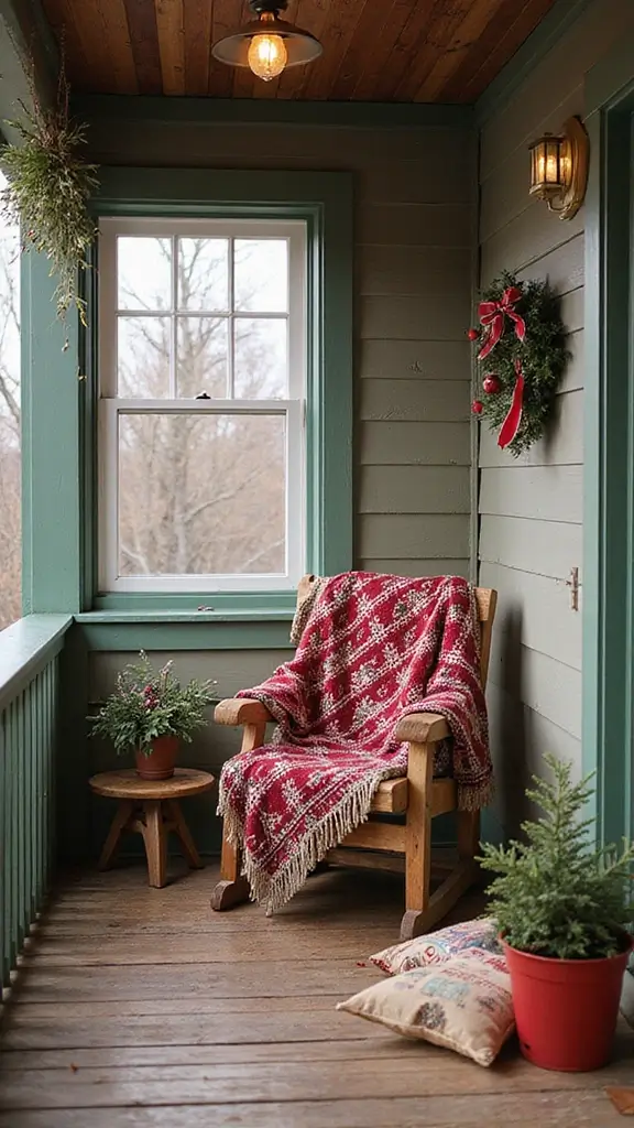 42 Small Front Porch Christmas Decor Ideas That Shine - 2. Cozy Seating with Festive Blankets