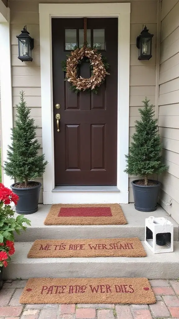 42 Small Front Porch Christmas Decor Ideas That Shine - 26. Elegant Footer Mats