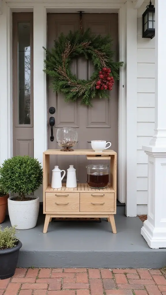 42 Small Front Porch Christmas Decor Ideas That Shine - 28. Minimalist Hot Cocoa Stand