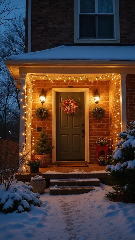 42 Small Front Porch Christmas Decor Ideas That Shine - 3. String Lights Magic
