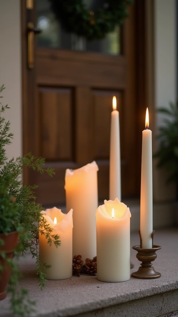 42 Small Front Porch Christmas Decor Ideas That Shine - 34. Tapered Candles in Holders