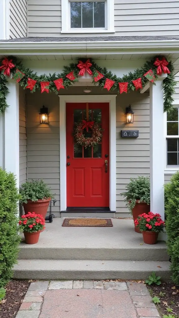 42 Small Front Porch Christmas Decor Ideas That Shine - 39. Cheerful Holiday Bunting